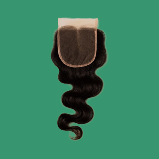 black lace closure with body wave hair on a green background