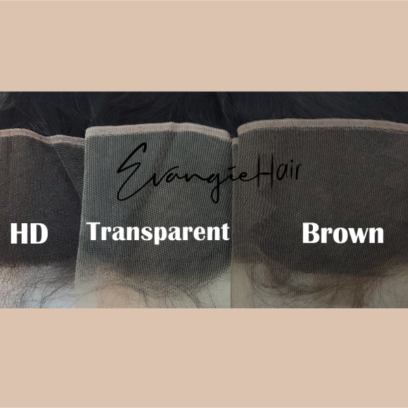 comparing brown, transparent, and HD frontal and closure laces on an ivory background